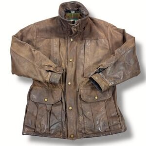 VTG 90s Cabelas Genuine Leather Jacket Mens Large‎ Brown 4 Pocket Plaid Lined